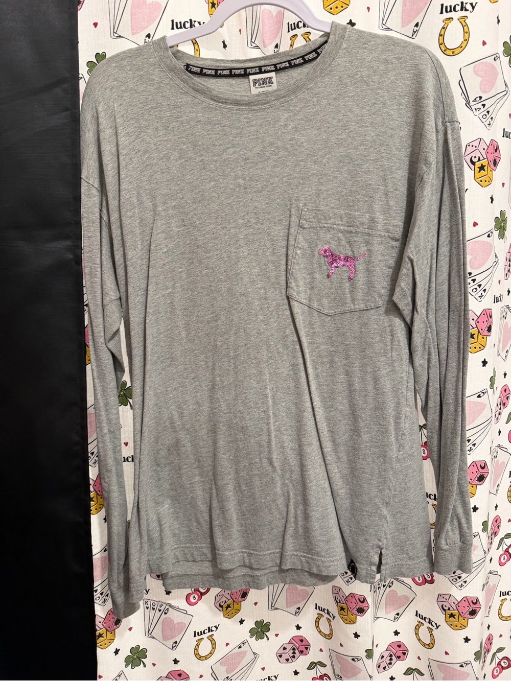 PINK Victoria's Secret Heather Gray Long Sleeve Pocket Tee with Pink Dog Accent